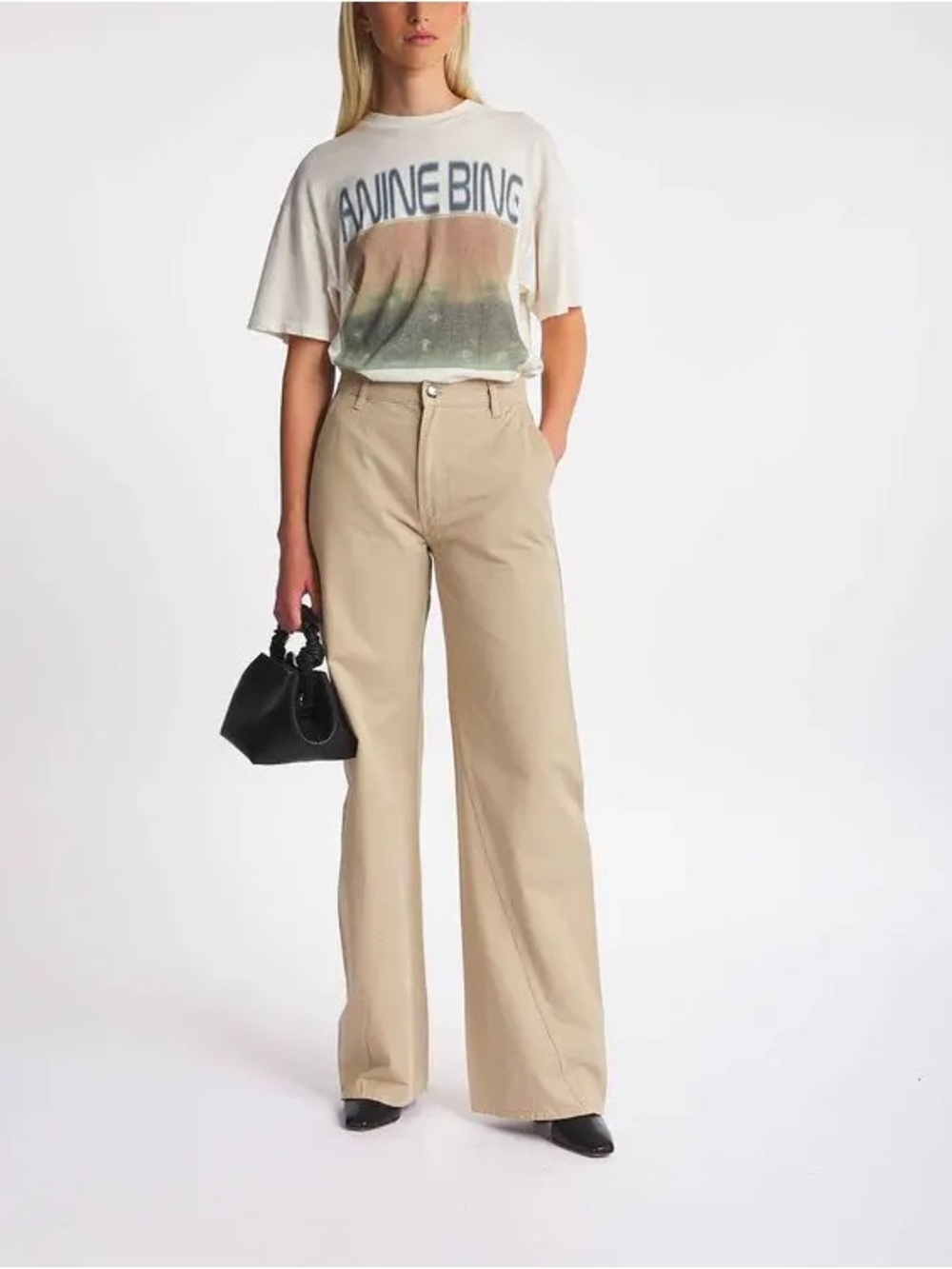 Anine Bing Briley High Rise Wide Leg Twill Trouser Pants NWT 23 Oatmeal